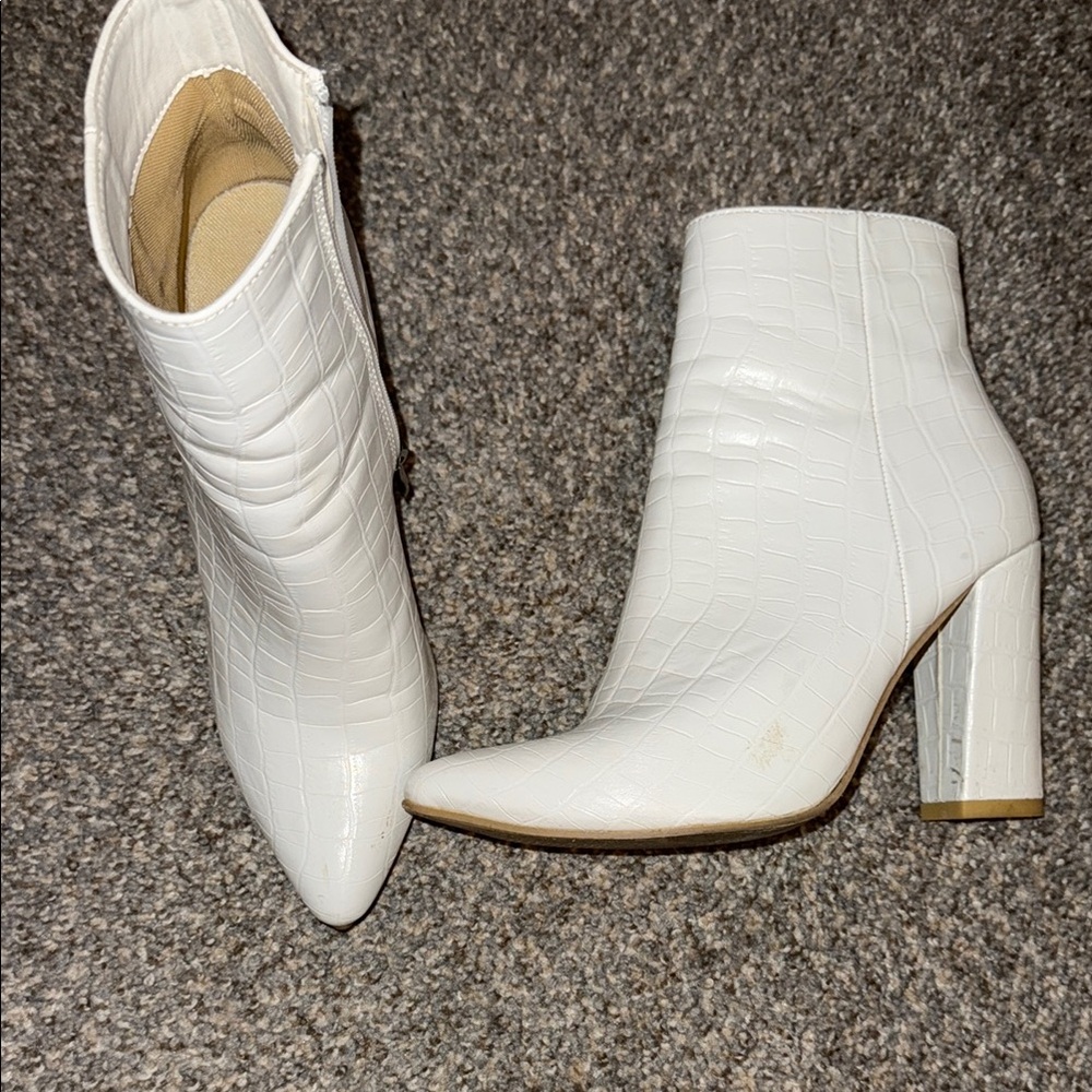 White Croc-Embossed Ankle Boots